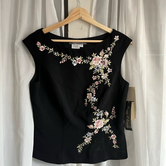 Vintage Tops - Vintage NWT Black Floral Embroidered Women’s Sleeveless Top
